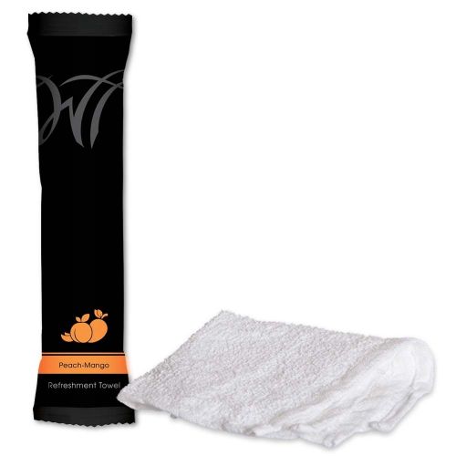 Pre-Moistened Terry Cotton Refreshment Towel, 8in Rolled, Peach/Mango Scented, Individually Packaged